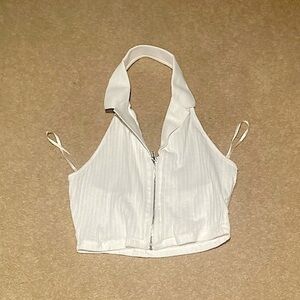 White Halter Crop Top Zip Up with collared neckline